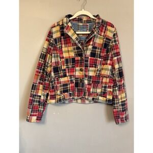 LL Bean Blazer Women 10 Red Patchwork Madras‎ Plaid Jacket Coat Colorful Preppy